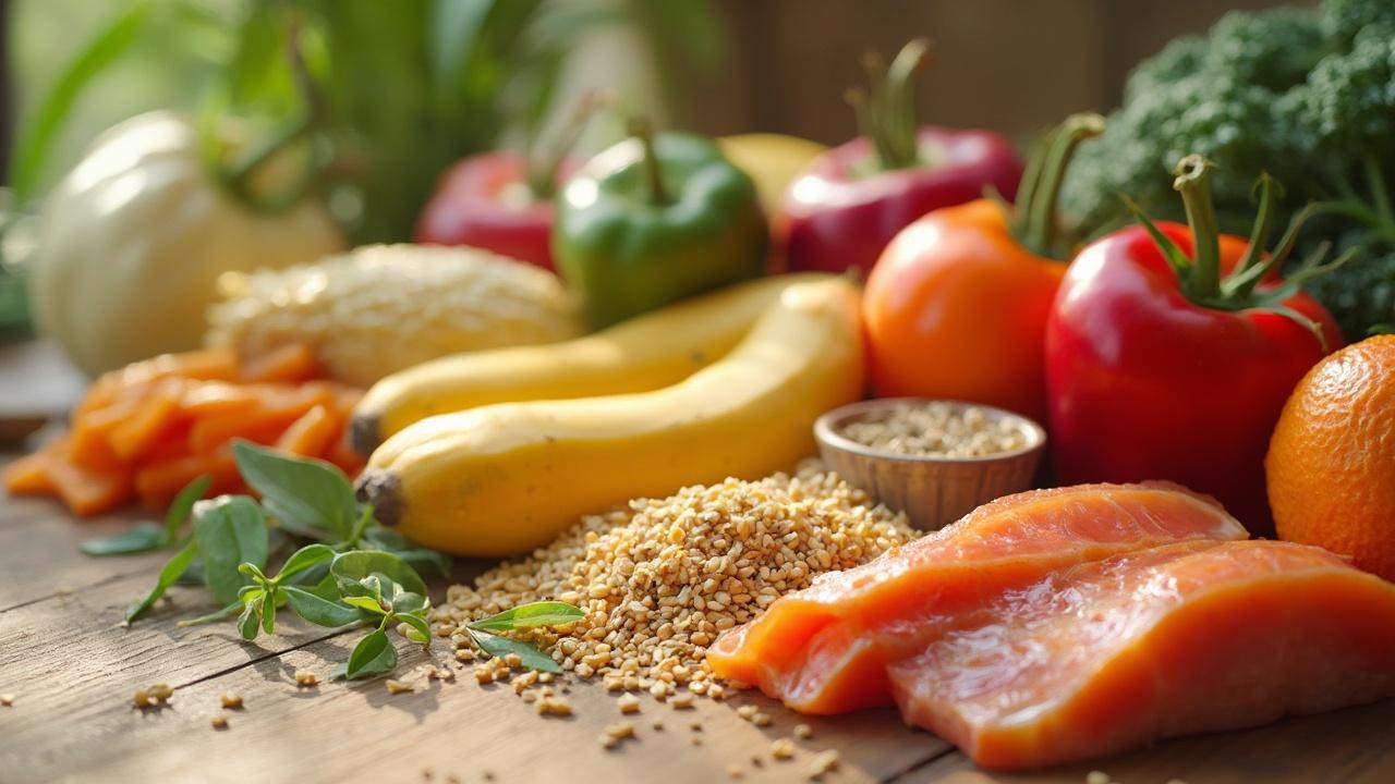 Variété de légumes frais, de fruits et de graines sur une table en bois