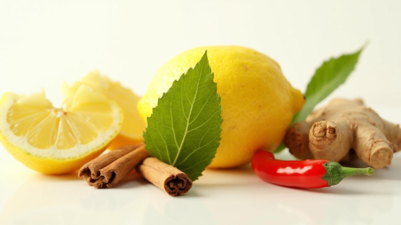 Citrons, gingembre, cannelle et piment rouge sur une surface blanche