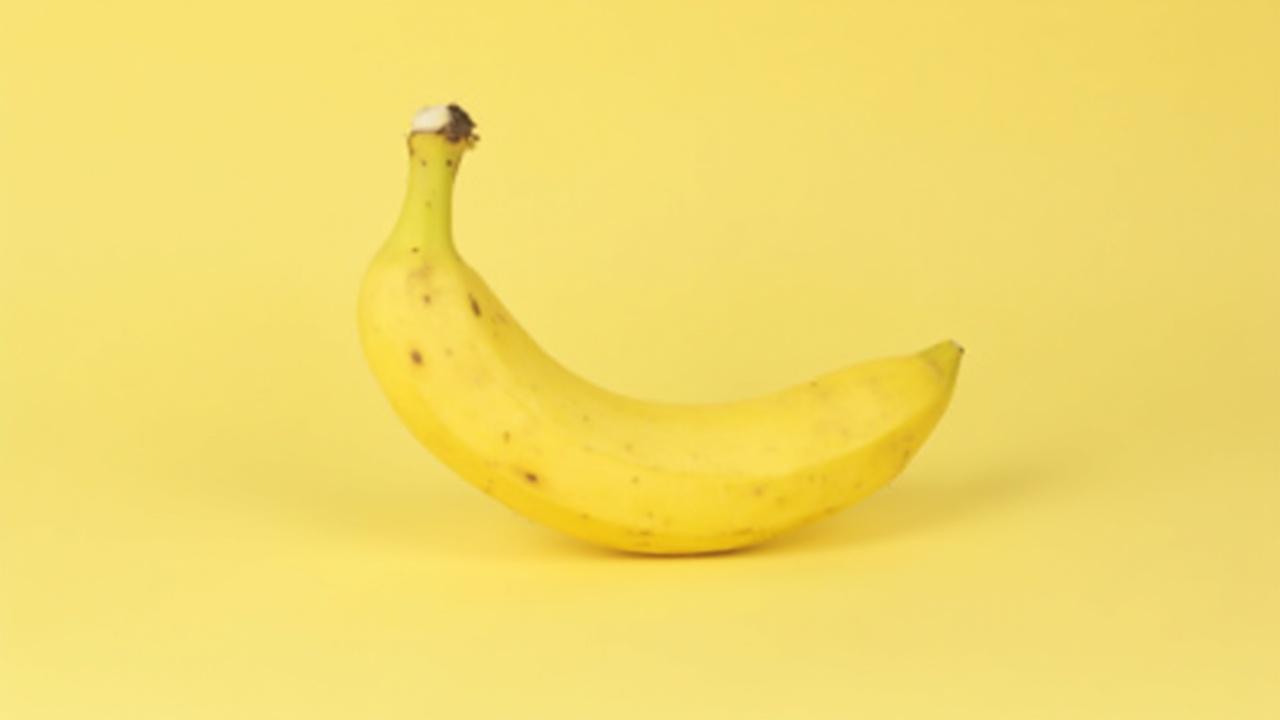 Une banane jaune, mûre et courbée, sur fond jaune vif