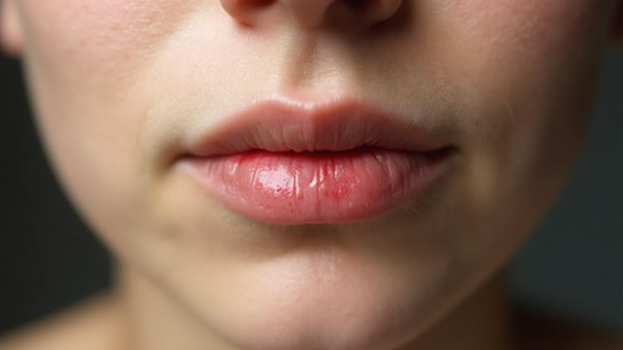 Gros plan sur les lèvres d'une personne avec un maquillage lumineux et brillant.