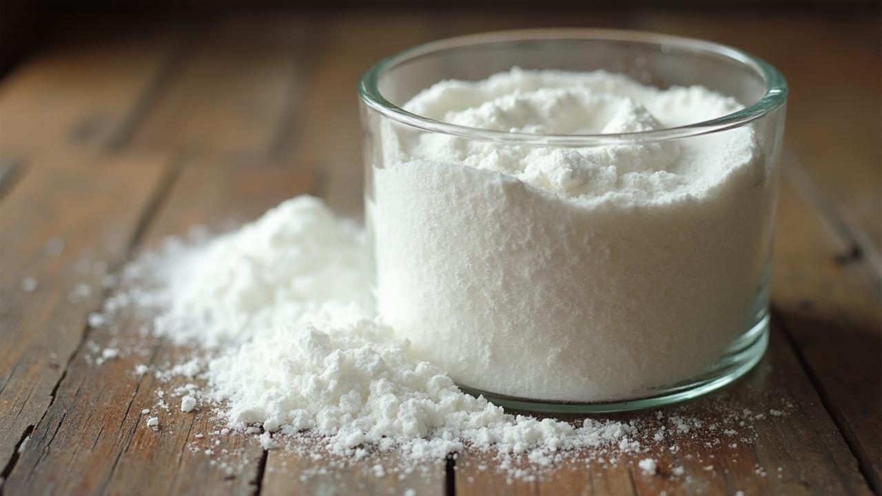 Bol en verre rempli de sucre blanc cristallisé sur une surface en bois