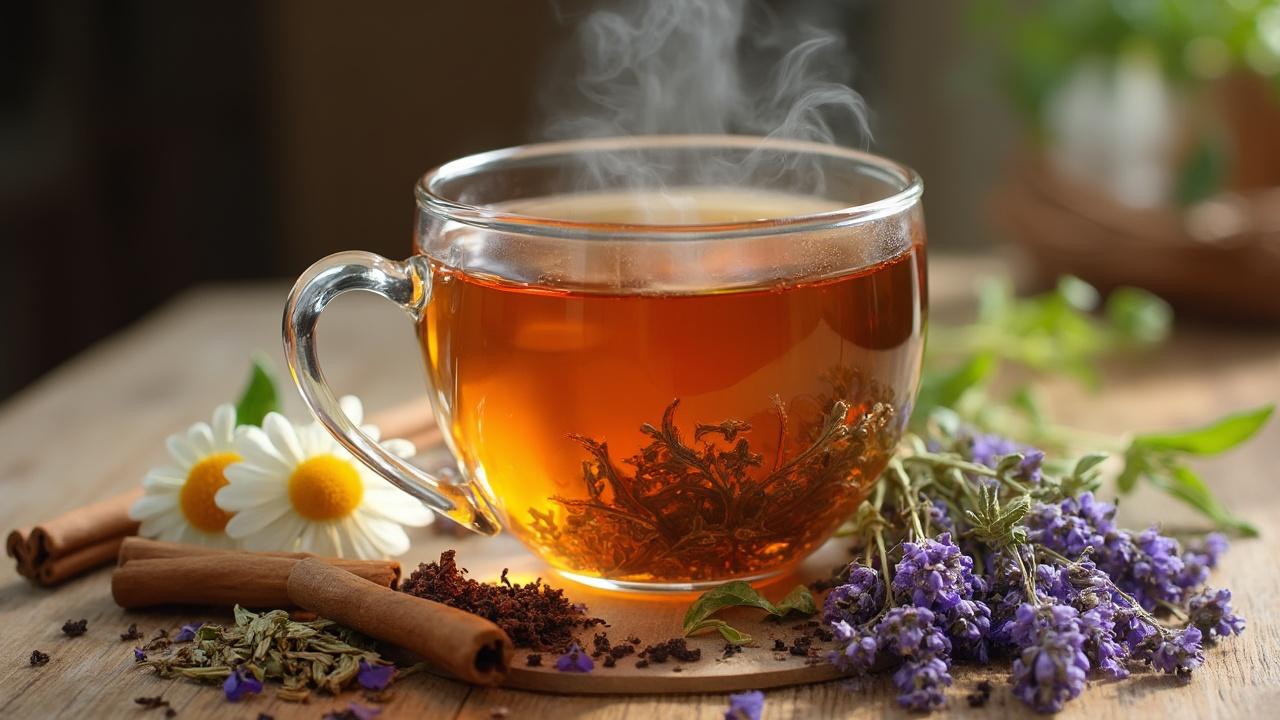 Tasse de thé chaud, fumante, entourée de fleurs, d'épices et de plantes.